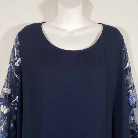 Cato Top XL Navy Blue Sheer Sleeves Floral Embroidered Fairy Office Romantic - Picture 2 of 9